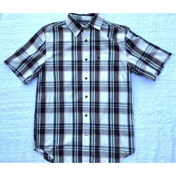 Carhartt Button Up Shirt Mens Medium Cream Brown Plaid Short Sleeve Relaxed Fit - Picture 1 of 10